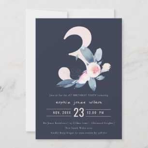 INVITATION SOFT NAVY BLUSH BLUE FLORAL 3E TOUT ÂGE ANNIVERSAI
