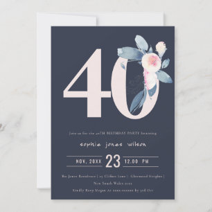 INVITATION SOFT NAVY BLUSH BLUE FLORAL 40E TOUT ÂGE ANNIVERSA
