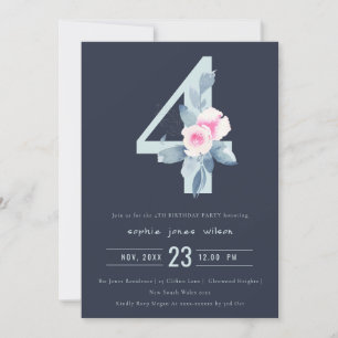 INVITATION SOFT NAVY BLUSH BLUE FLORAL 4TH N'IMPORTE QUEL ÂGE