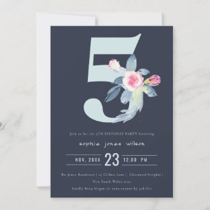 INVITATION SOFT NAVY BLUSH BLUE FLORAL 5 TH N'IMPORTE QUEL ÂG