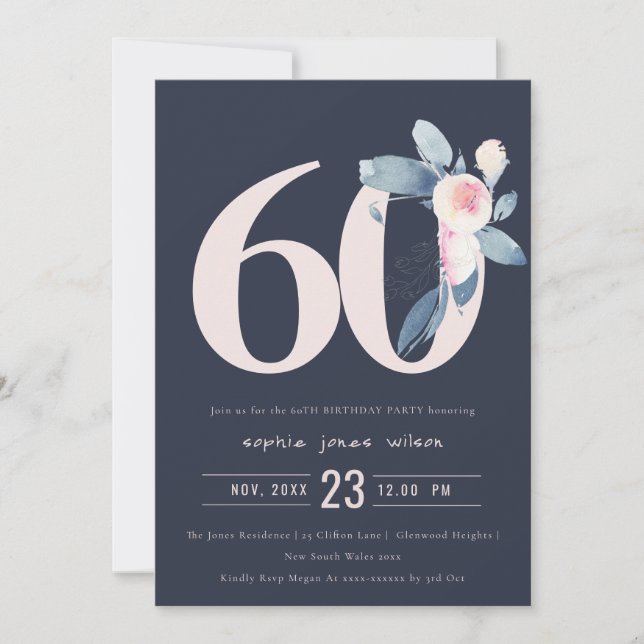 INVITATION SOFT NAVY BLUSH BLUE FLORAL 60E TOUT ÂGE ANNIVERSA (Devant)