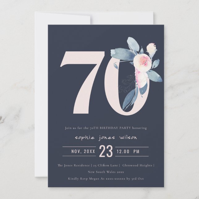 INVITATION SOFT NAVY BLUSH BLUE FLORAL 70E TOUT ÂGE ANNIVERSA (Devant)