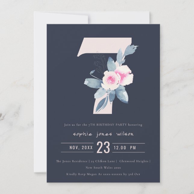 INVITATION SOFT NAVY BLUSH BLUE FLORAL 7E TOUT ÂGE ANNIVERSAI (Devant)