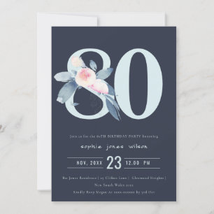 INVITATION SOFT NAVY BLUSH BLUE FLORAL 80E TOUT ÂGE ANNIVERSA