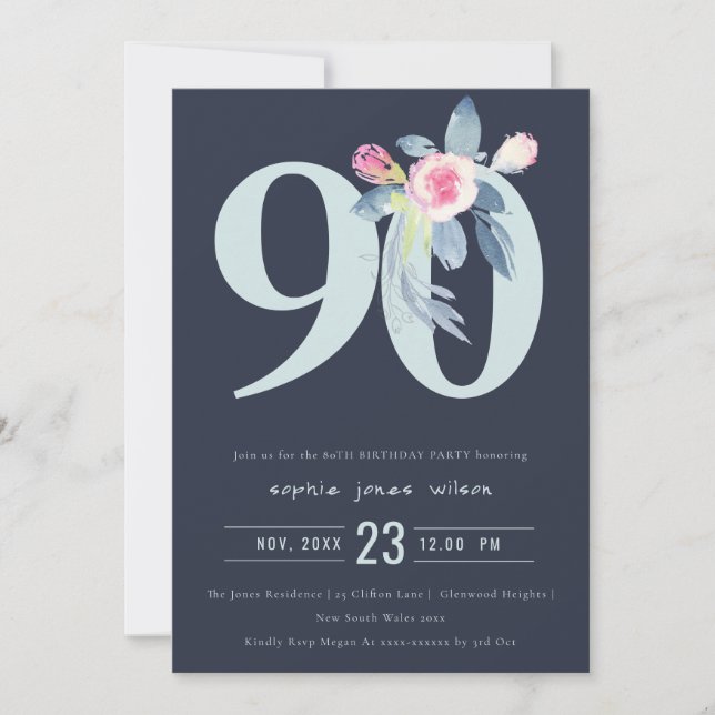 INVITATION SOFT NAVY BLUSH BLUE FLORAL 90E TOUT ÂGE ANNIVERSA (Devant)