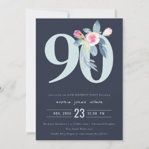 INVITATION SOFT NAVY BLUSH BLUE FLORAL 90E TOUT ÂGE ANNIVERSA