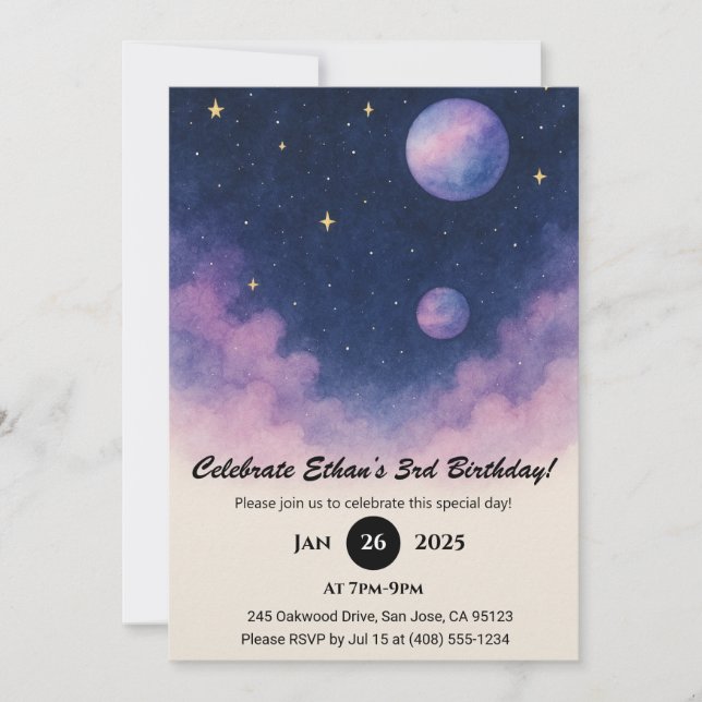 Invitation Soft Night Sky with Planets and Clouds Birthday  (Devant)