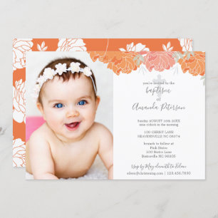 Invitation Soft Orange & Peach Peonies Cross Girl Baptism