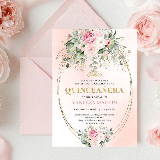 Invitation Soft Pale Pink Floral Bohemian Quinceañera Invite (Soft Pale Pink Floral Bohemian Quinceañera Invitation)