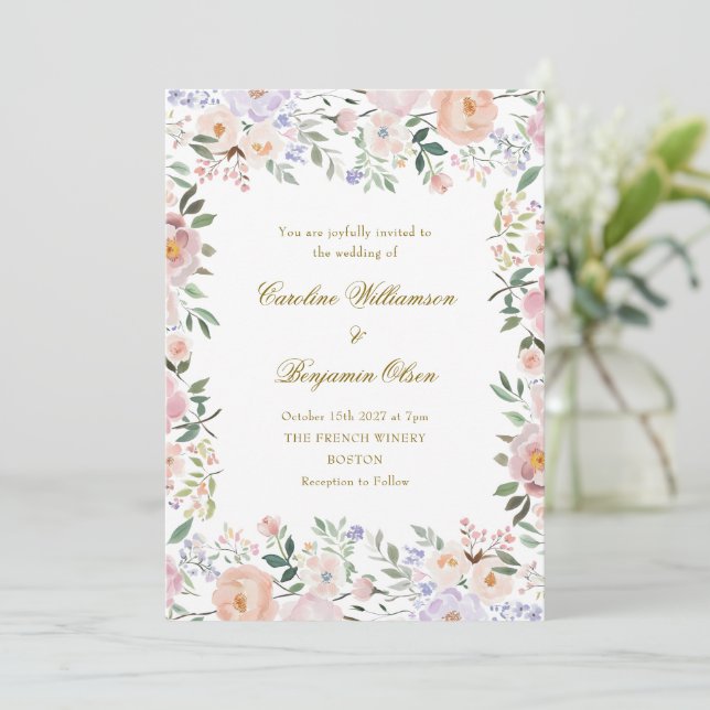 Invitation Soft Pastel Aquarelle Floral Garden Mariage (Debout devant)