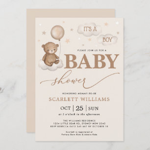 Invitation Soft Pastel Bear Balloon Nuages Etoiles Baby showe