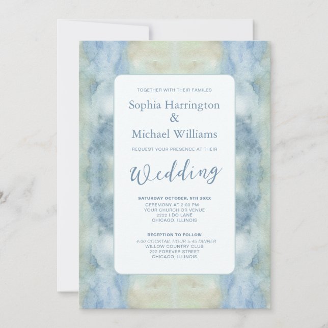 Invitation Soft Pastel Blue Bohohemian Wedding Inviter QR Cod (Devant)