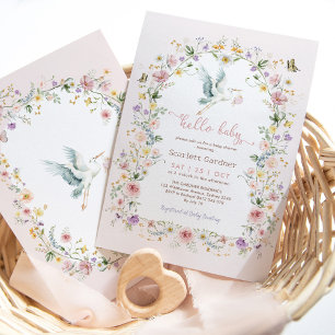 Invitation Soft Pastel Fleur sauvage Stork Baby Girl Douche