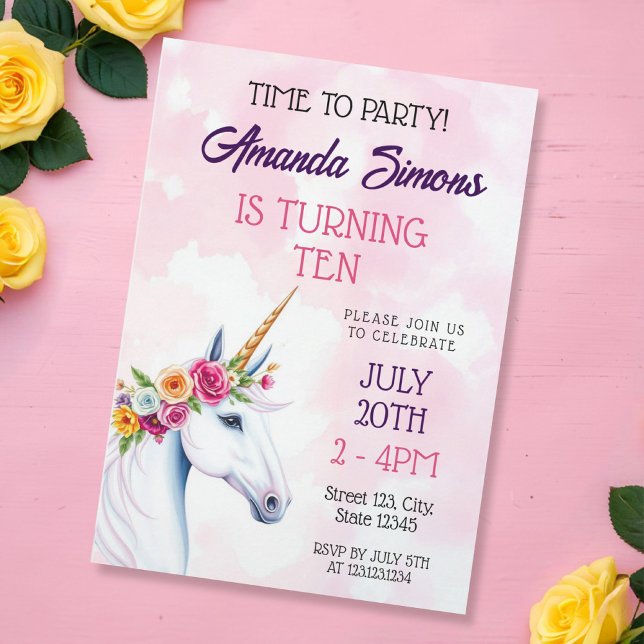 Invitation Soft Pastel Floral Unicorn Fantasy 10th Birthday (Créateur téléchargé)