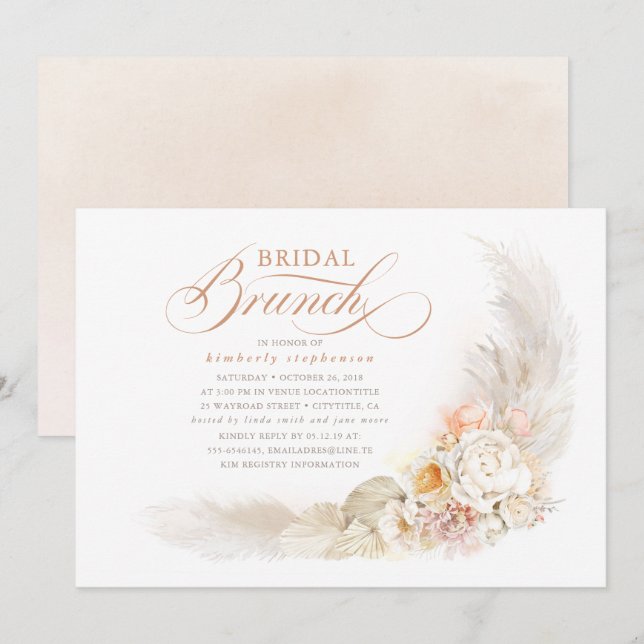 Invitation Soft Pastel Flowers and Pampas Grass Bridal Brunch (Devant / Derrière)