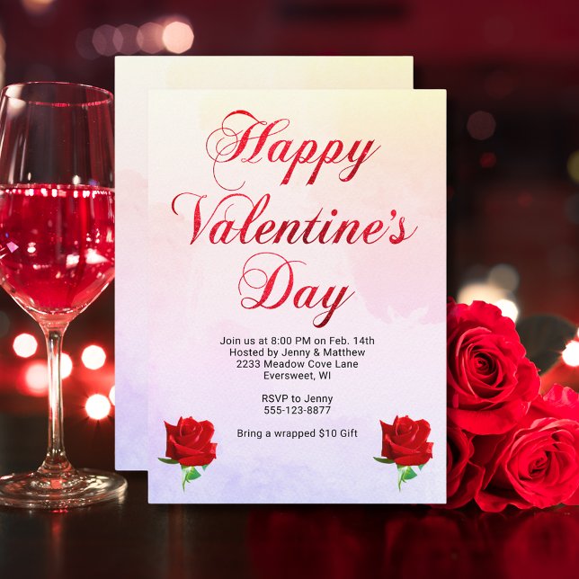 Invitation Soft Pastel Heureuse Sainte-Valentin Red Roses Par (Pink Valentine's Party Food Music Dancing Club Invitation)