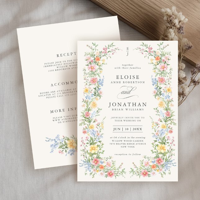 Invitation Soft Pastel Ornate Spring Tout en un Mariage chic (Soft Pastel Ornate Spring All in One details on back  Chic Wedding Invitation)