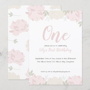 Invitation Soft Pastel Peonies Baby Girl's 1st Birthday Party