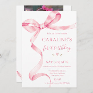 Invitation Soft Pastel Pink Bow 1st Birthday 