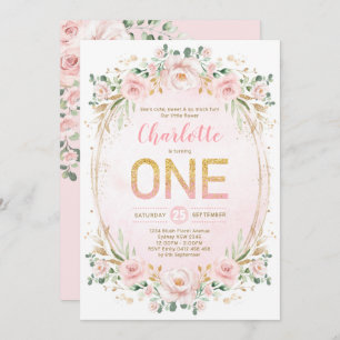 Invitation Soft Pastel Rose Rose Blush Gold Girl 1er annivers