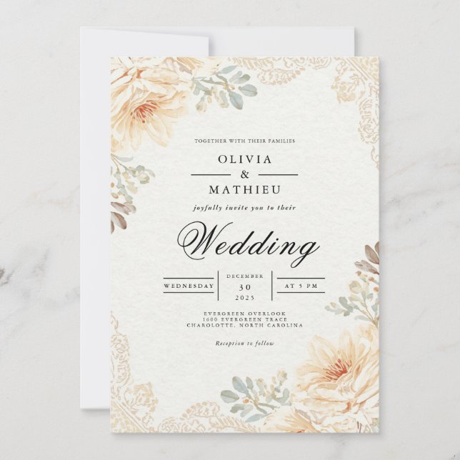 Invitation Soft Peach Floral Lace Wedding (Devant)
