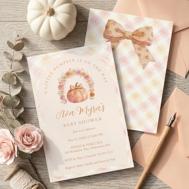 Invitation Soft Peach Gingham Pumpkin Baby Shower TMF26 (weet Coquette Bow and Pumpkin Baby Shower Invitation with Gingham Pattern Details.)