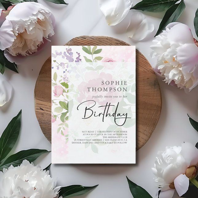 Invitation Soft peonies élégant anniversaire (Créateur téléchargé)