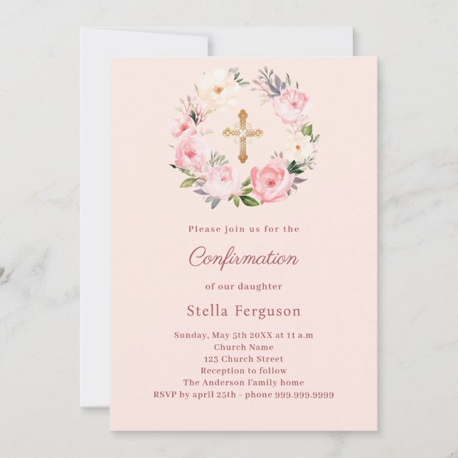 Invitation Soft pink blush florals cross Confirmation (Devant)