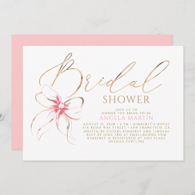 Invitation Soft Pink Bow Elegant Romantic Bridal Shower (Devant / Derrière)