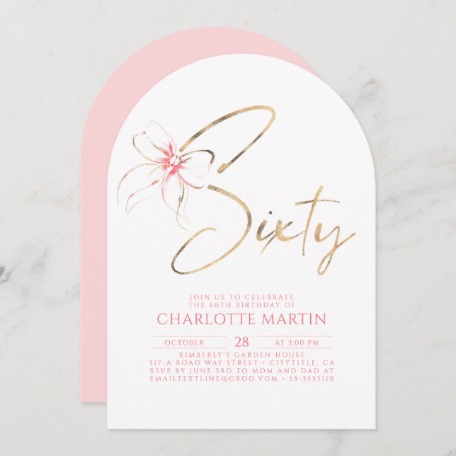 Invitation Soft Pink Bow Elegant Romantic Chic 60th Birthday (Devant / Derrière)