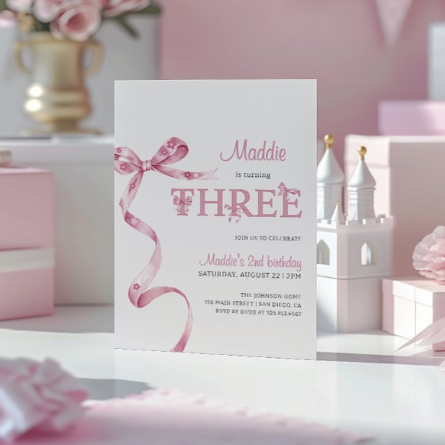 Invitation Soft Pink Bow troisième fille anniversaire (Créateur téléchargé)