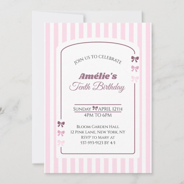 Invitation Soft Pink Coquette Bow Girl 10th Birthday Party (Devant)