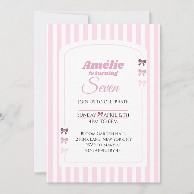 Invitation Soft Pink Coquette Bow Girl Seventh Birthday Party (Devant)