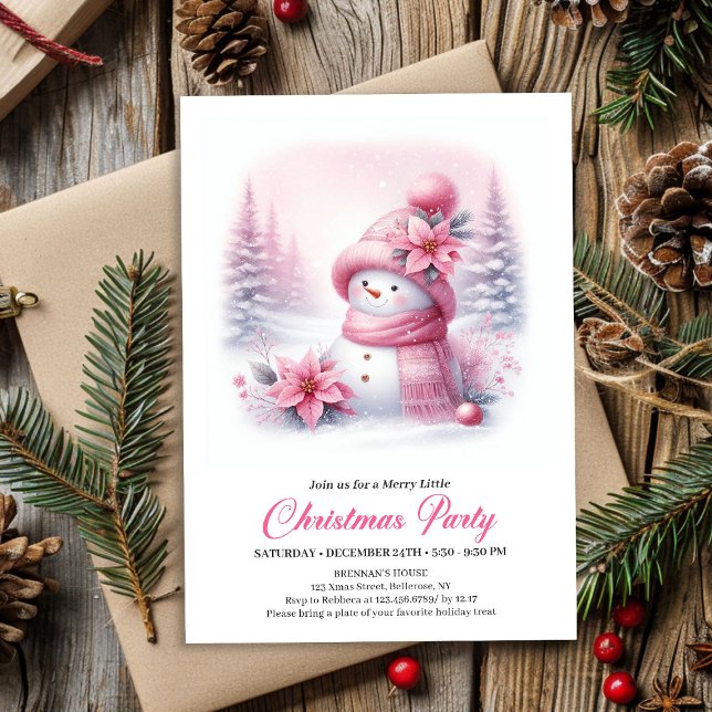 Invitation Soft Pink Coquette Snowman Digital Kids Christmas  (Soft Pink Coquette Snowman Digital Kids Christmas Invite)