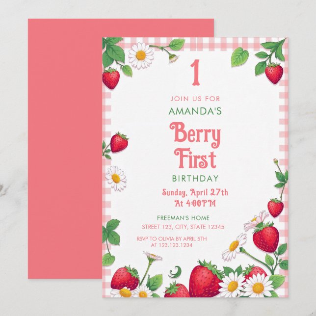 Invitation Soft Pink En vichy Strawberry Girl 1er anniversair (Devant / Derrière)