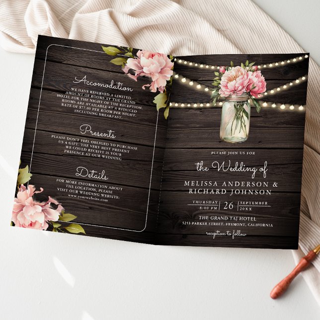 Invitation Soft Pink Flowers Mason Jar QR Code Wood Wedding (Créateur téléchargé)