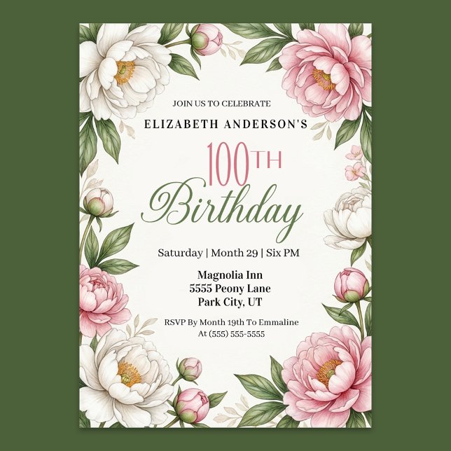 Invitation Soft Pink Magnolia and Peony 100th Birthday  (Elegant 100th birthday invitation with soft pink and white watercolor peonies, green leaves)