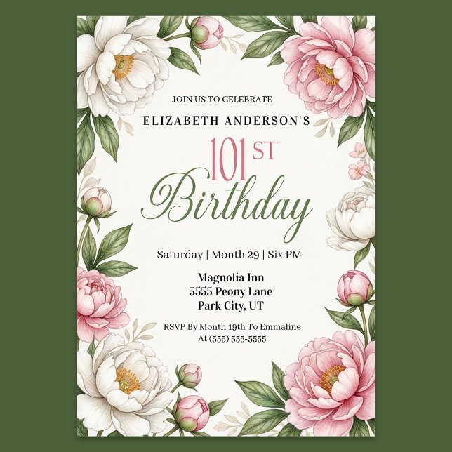 Invitation Soft Pink Magnolia and Peony 101st Birthday  (Elegant 101st birthday invitation featuring soft pink peonies white magnolia flowers green leaves )
