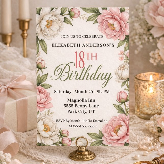 Invitation Soft Pink Magnolia and Peony 18th Birthday  (Créateur téléchargé)