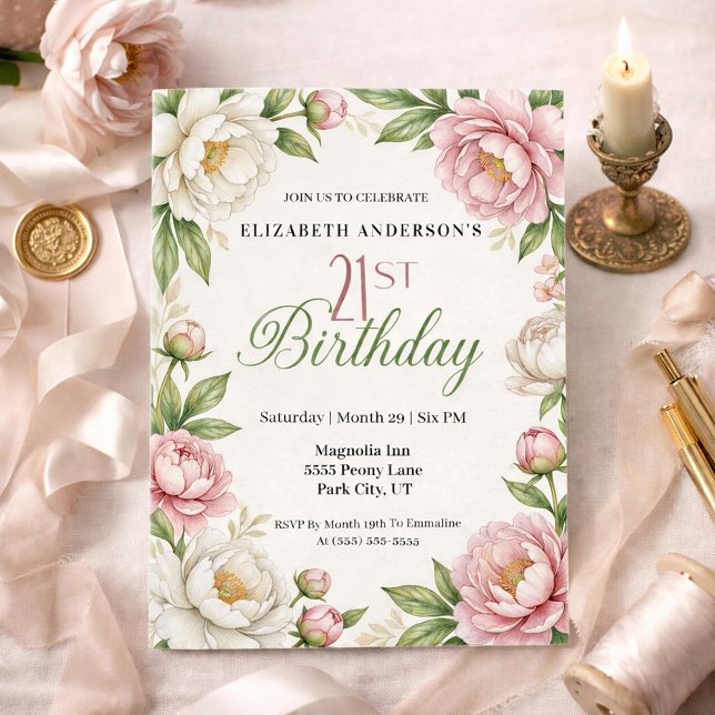 Invitation Soft Pink Magnolia and Peony 21st Birthday  (Créateur téléchargé)