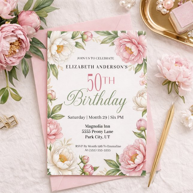 Invitation Soft Pink Magnolia and Peony 50th Birthday  (Créateur téléchargé)