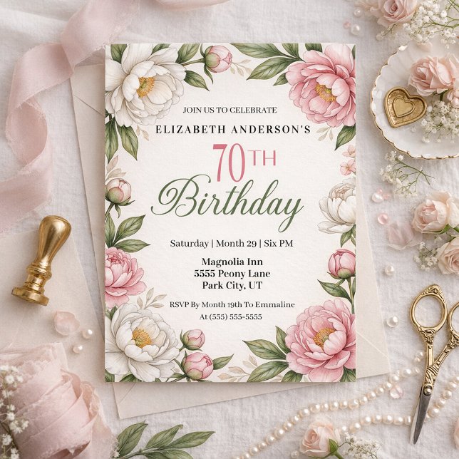 Invitation Soft Pink Magnolia and Peony 70th Birthday  (Créateur téléchargé)