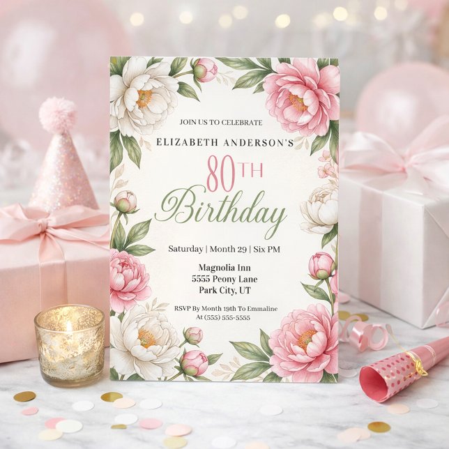 Invitation Soft Pink Magnolia and Peony 80th Birthday  (Elegant floral 80th birthday invitation with soft pink peonies white magnolia flowers )