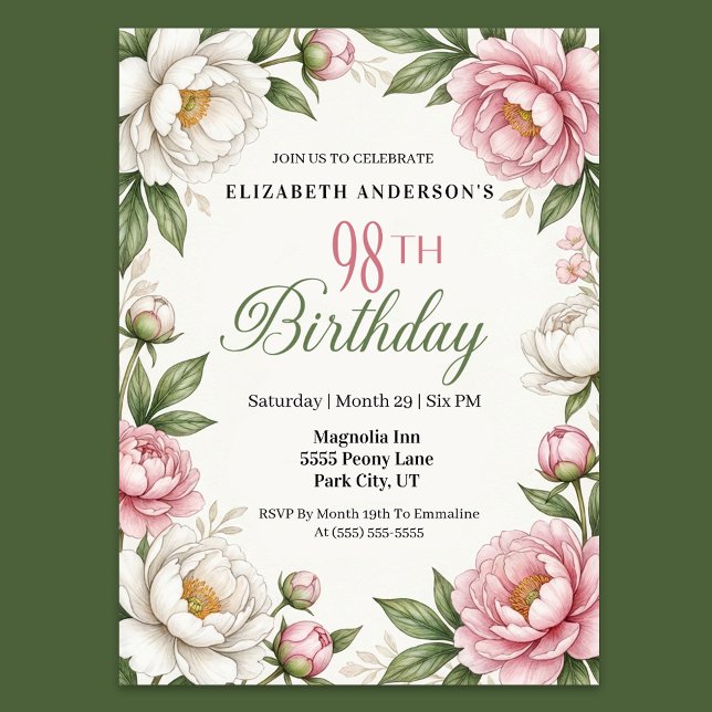 Invitation Soft Pink Magnolia and Peony 98th Birthday  (Elegant pink peony and white magnolia floral 98th birthday party invitation with botanical greenery )