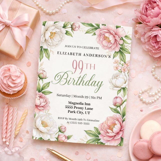 Invitation Soft Pink Magnolia and Peony 99th Birthday  (Elegant pink peony and white magnolia floral 99th birthday invitation with botanical greenery )