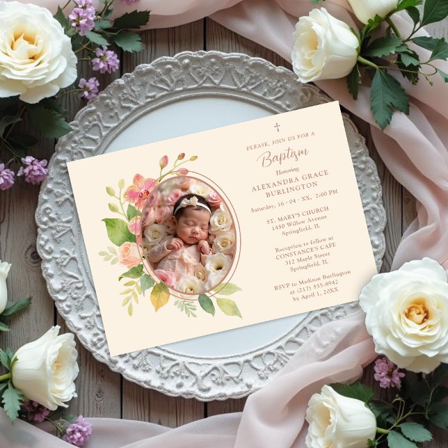 Invitation Soft Pink Orchid Watercolor Baptism Oval LPM26 (Delicate Soft Pink Orchid Floral Watercolor Effect Baptism Invitation with Oval Photo Frame.)