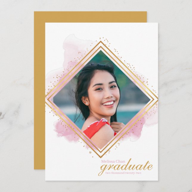 Invitation Soft Pink Pastel et Gold Diamond Graduation Invit (Devant / Derrière)