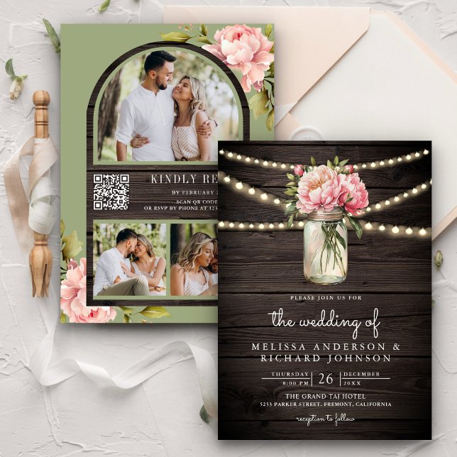 Invitation Soft Pink Peony Mason Jar QR Code Mariage bois (Créateur téléchargé)