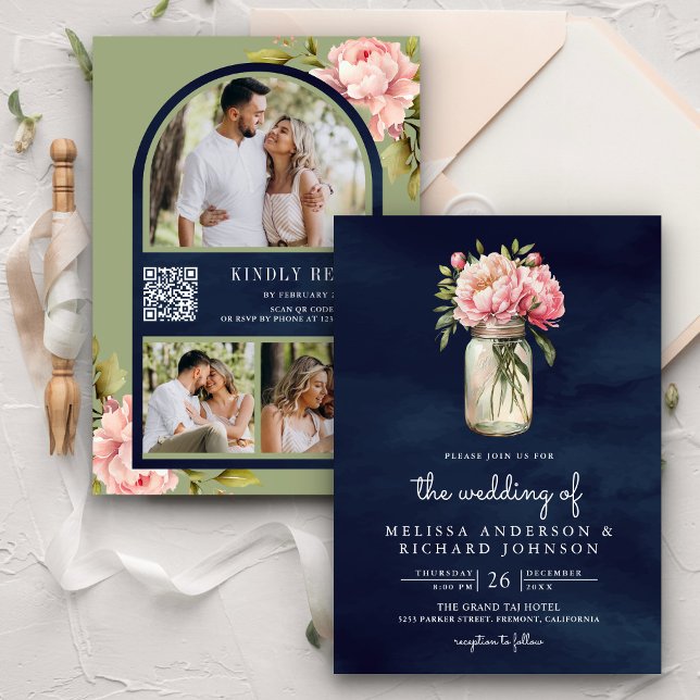 Invitation Soft Pink Peony Mason Jar QR Code Marine Mariage (Créateur téléchargé)