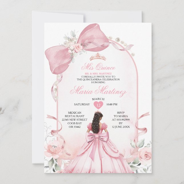 Invitation Soft Pink Princess Dress Floral Pearl Mis Quince (Devant)